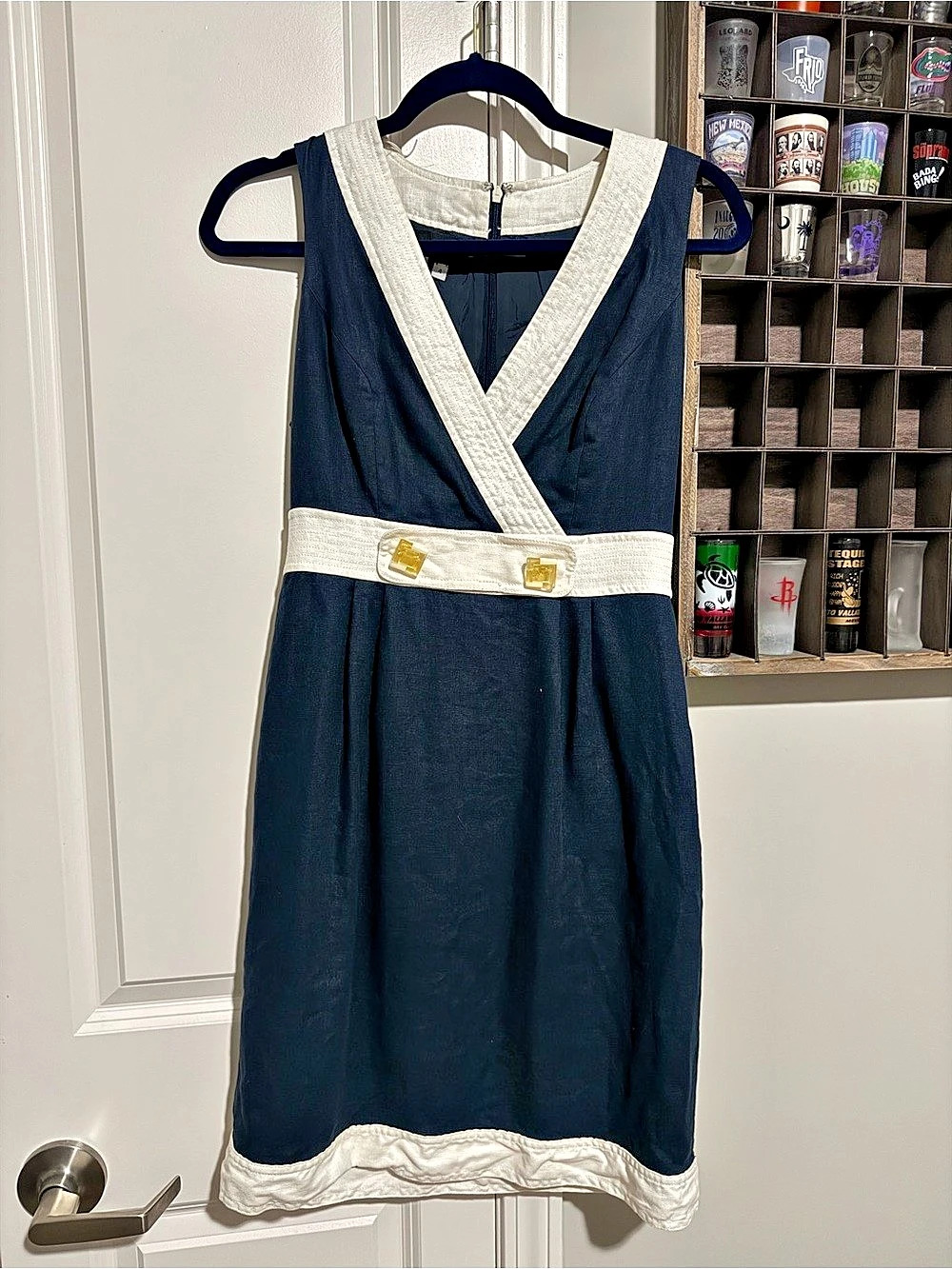 Donna Morgan Color Block V-Neck Dress in Blue & White